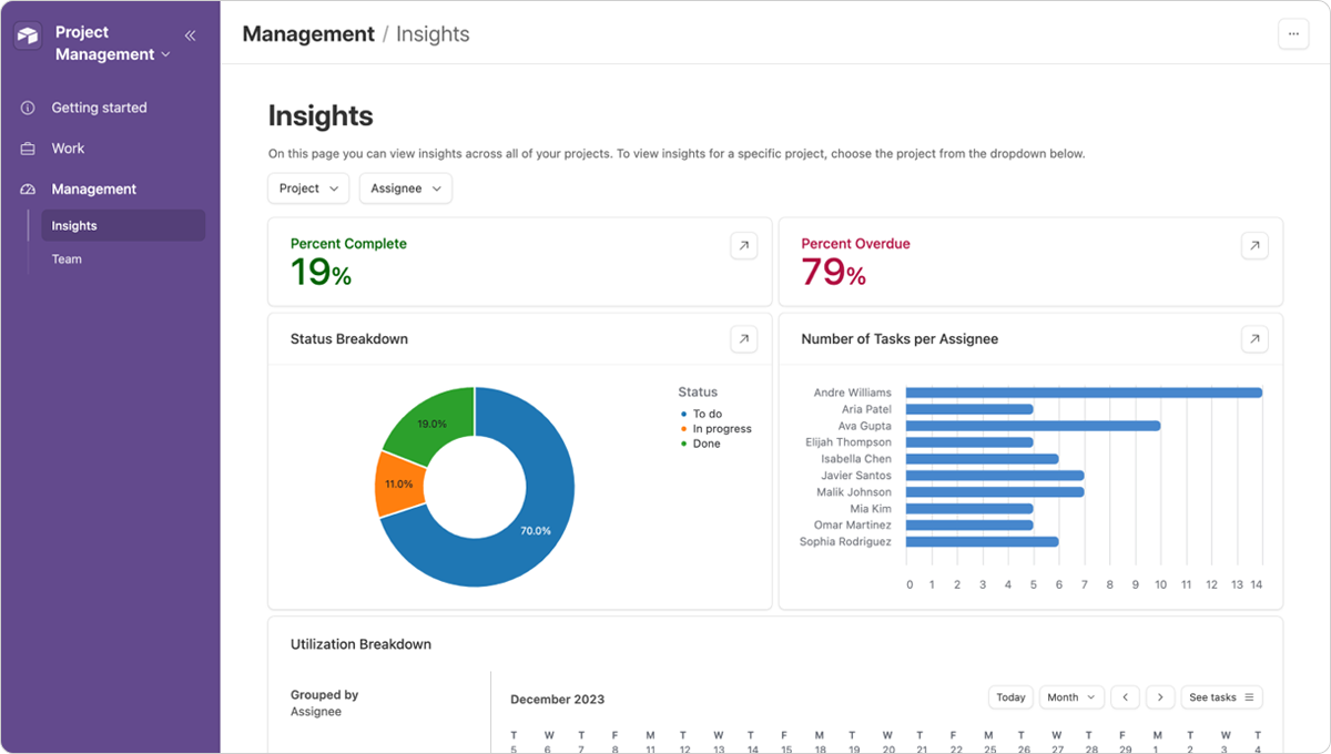 Airtable user dashboard with Project Management view