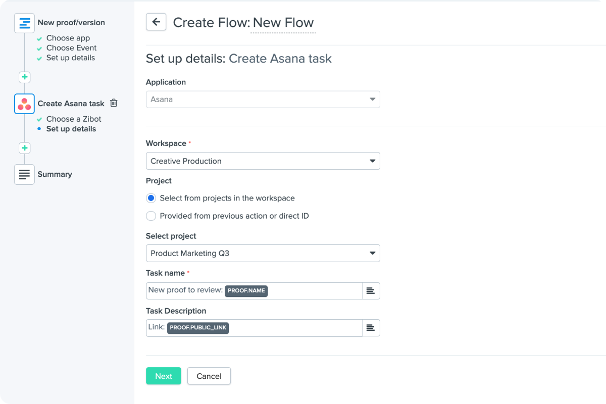 Asana Connection with Ziflow - Creating new flow set up details