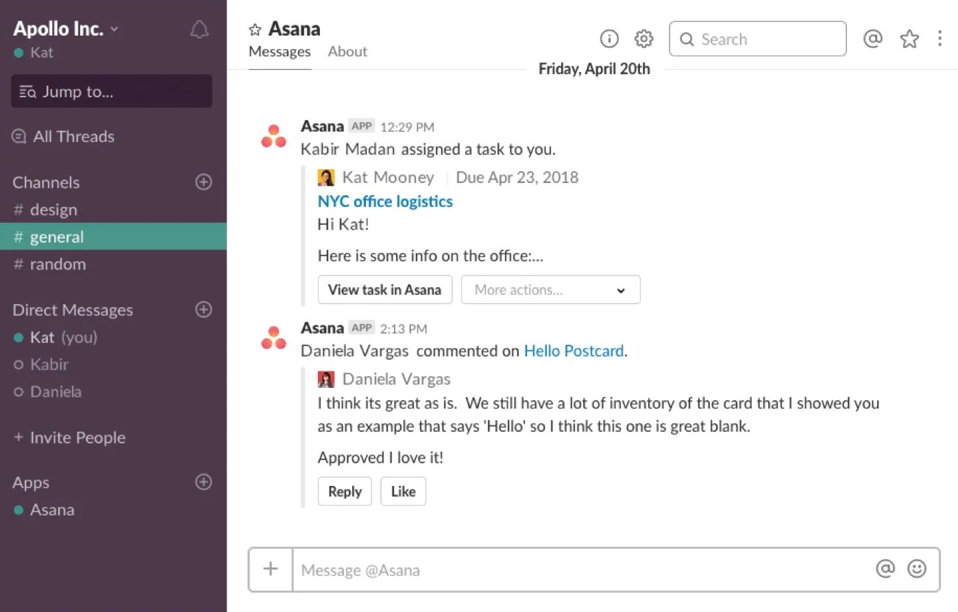 Asana and Slack in-app channel messages view
