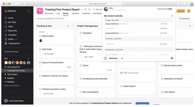 Asana kanban view of project tasks with activity feed