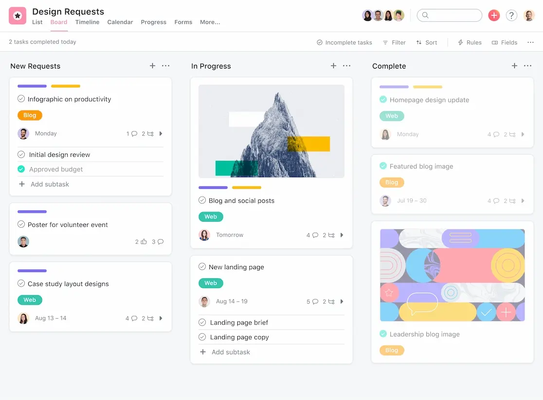 Asana tasks kanban view columns dashboard