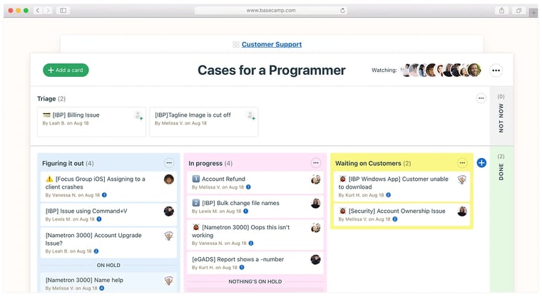 Basecamp with kanban view with columns and tasks of a project