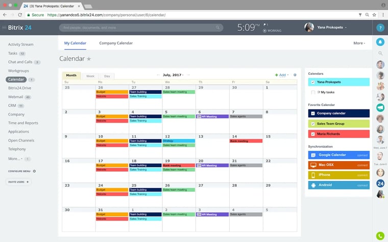 Bitrix24 calendar app schedule with sidebar dashboard screenshot