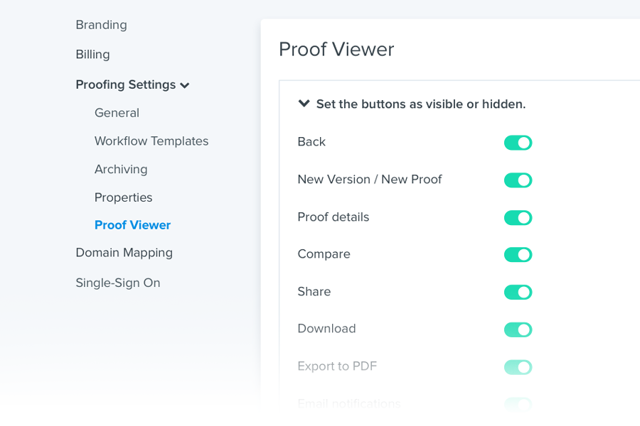 Proof viewer settings buttons as visible or hidden