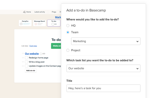 Creating to-dos list to Basecamp within Ziflow integration - Choosing target team to notify