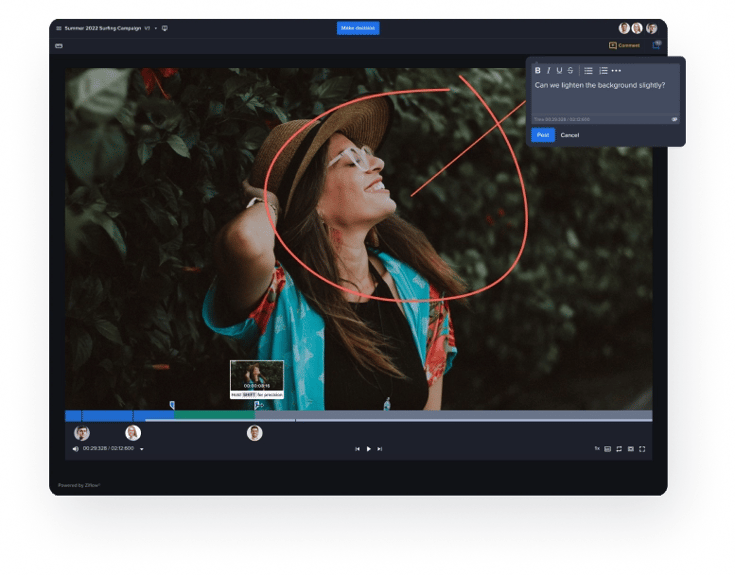 Capture frame-accurate feedback - woman in a hat inside video proof ziflow - for video production