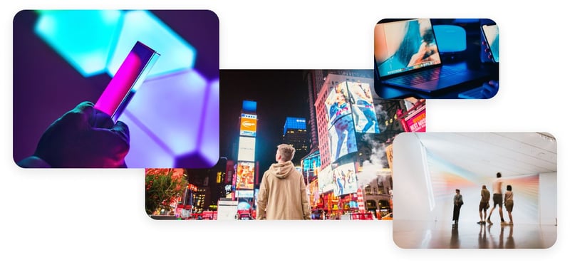 Collage with creative assets for online proofs reviewal - New York Times Square, laptop and people in a gallery-1