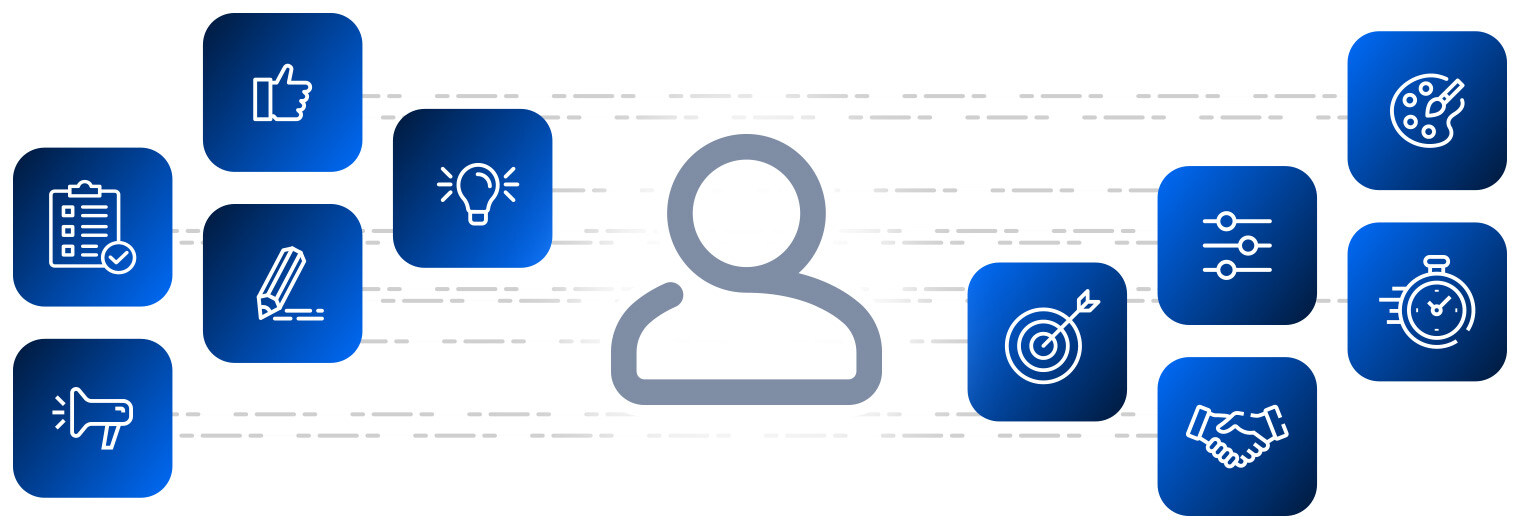 Creative operations manager person thumbnail surrounded by icons representing good traits