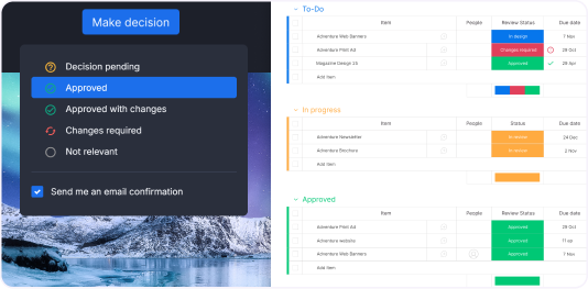 Decisions list dropdown of Ziflow reflects state in a project in Monday-1