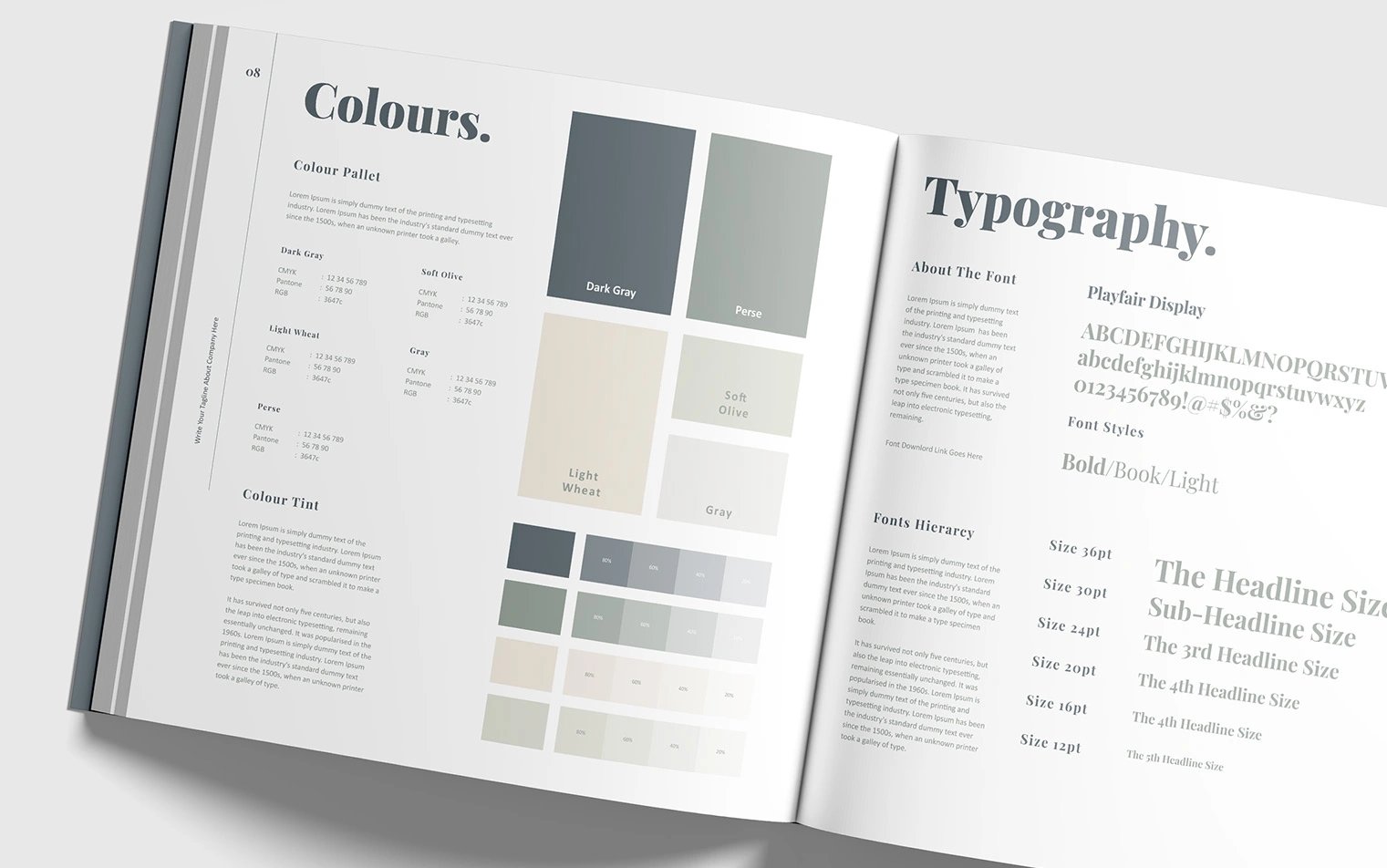 Design system book with colours and typography for a brand