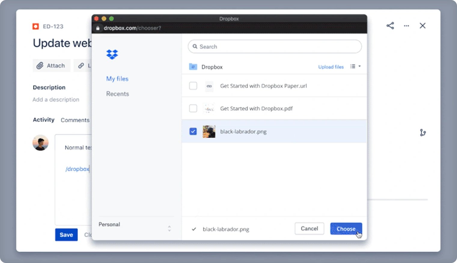 Dropbox and Jira integration adding files feature view