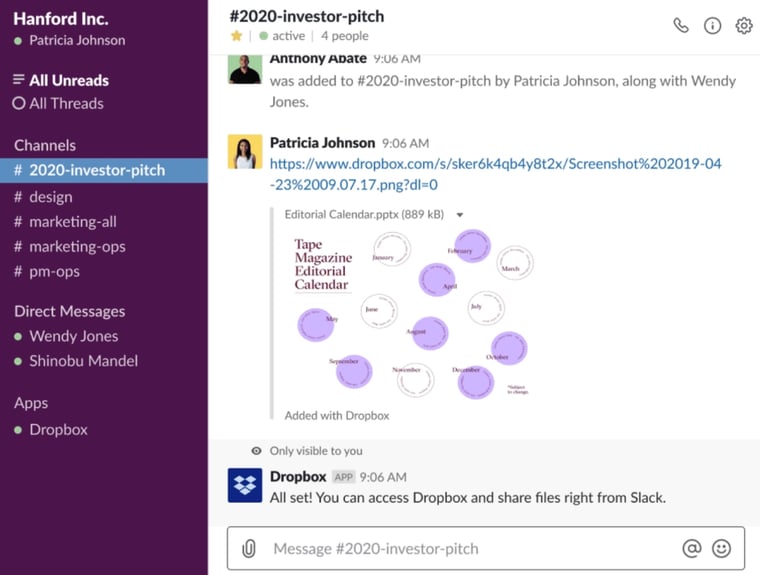 Dropbox and Slack integration user interface view