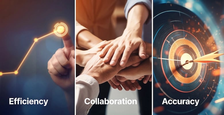 Efficiency Collaboration and Accuracy placed adjuscent to each other - Chart drawing, shaking hands and dart shield with an arrow