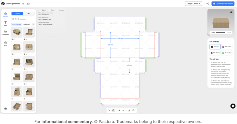 Pacdora online software for mockup generation and dieline creation