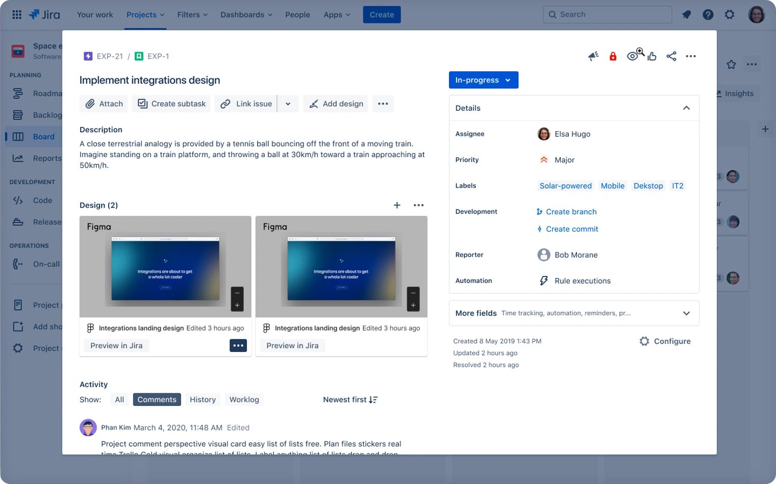 Figma and Jira integration task details dashboard view