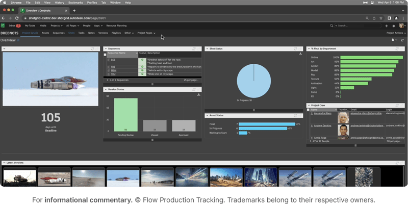 Flow production tracking shotgrid user interface for project management with video collaboration