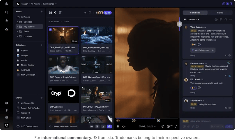 Frame.io main dashboard layout with a video content being proofed and commented on