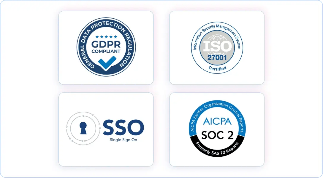 GDPR, SSO, ISO 27001, AICPA SOC 2 security badges grid