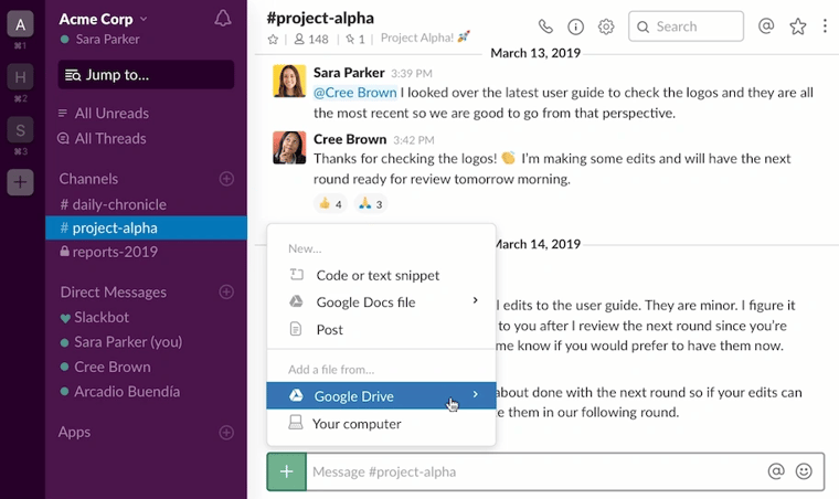 Google Drive and Slack integration in app view window