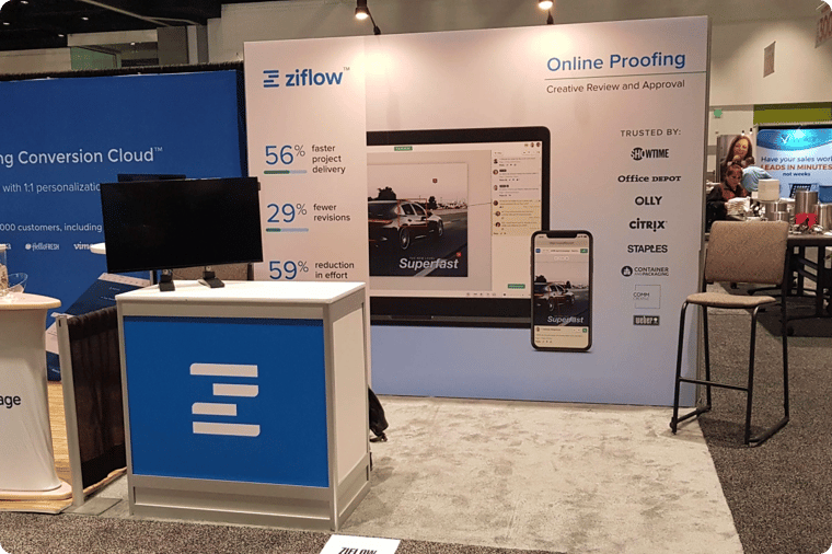 Ziflow stand with monitor and promotional wall on HOW Design Live 2019 conference
