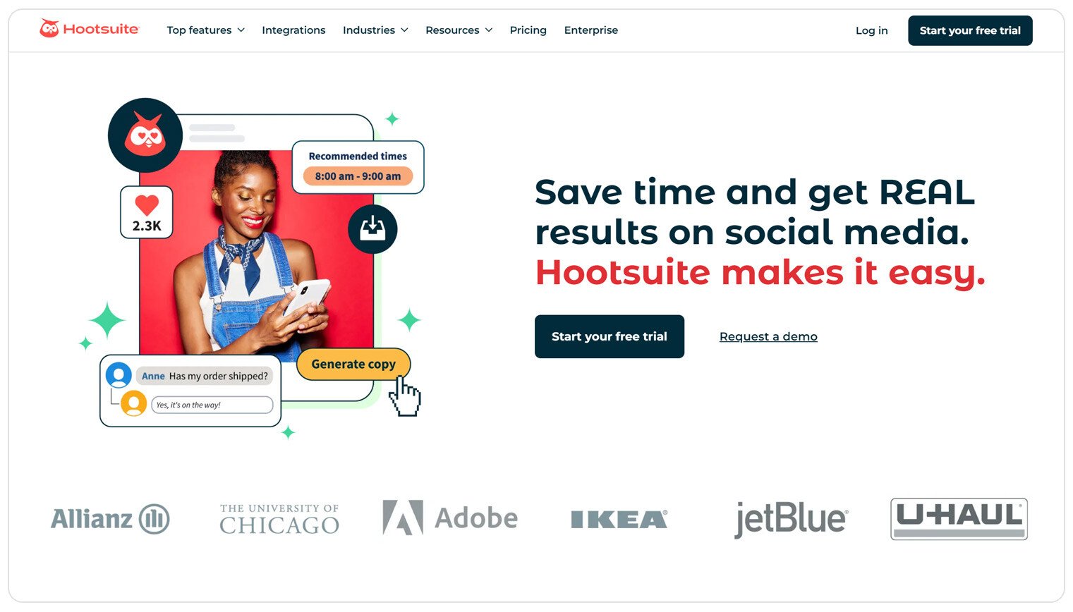 Hootsuite Landing page - Save time and get REAL results on social media, hootsuite makes it easy
