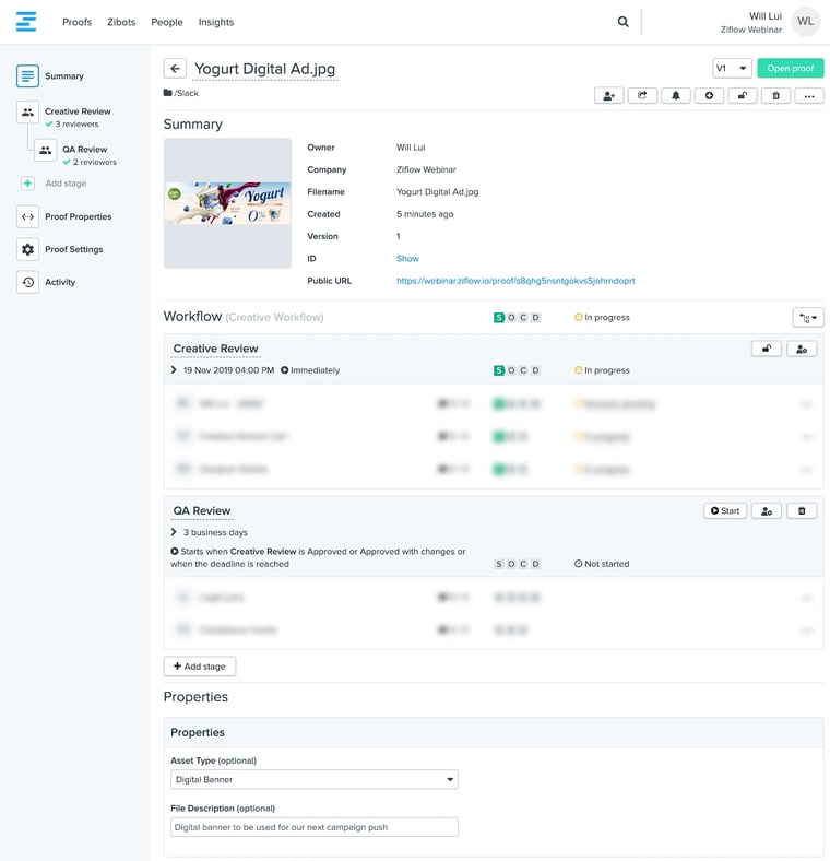 Workflow steps of Ziflow for different stages if internal group review