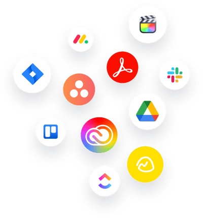 Integrations for Ziflow applications icons in white circles - Jira, Adobe, Clickup, Monday, Slack, Google Drive and more-1