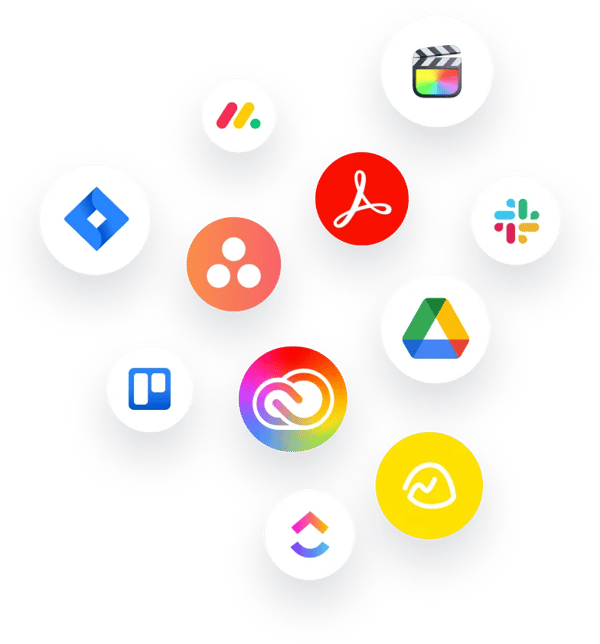 Integrations for Ziflow applications icons in white circles - Jira, Adobe, Clickup, Monday, Slack, Google Drive and more