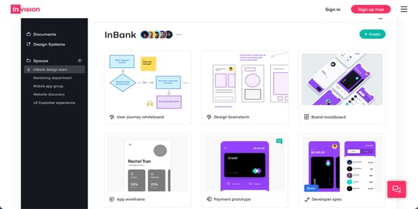 Invision app dashboard of InBank - List of projects overview