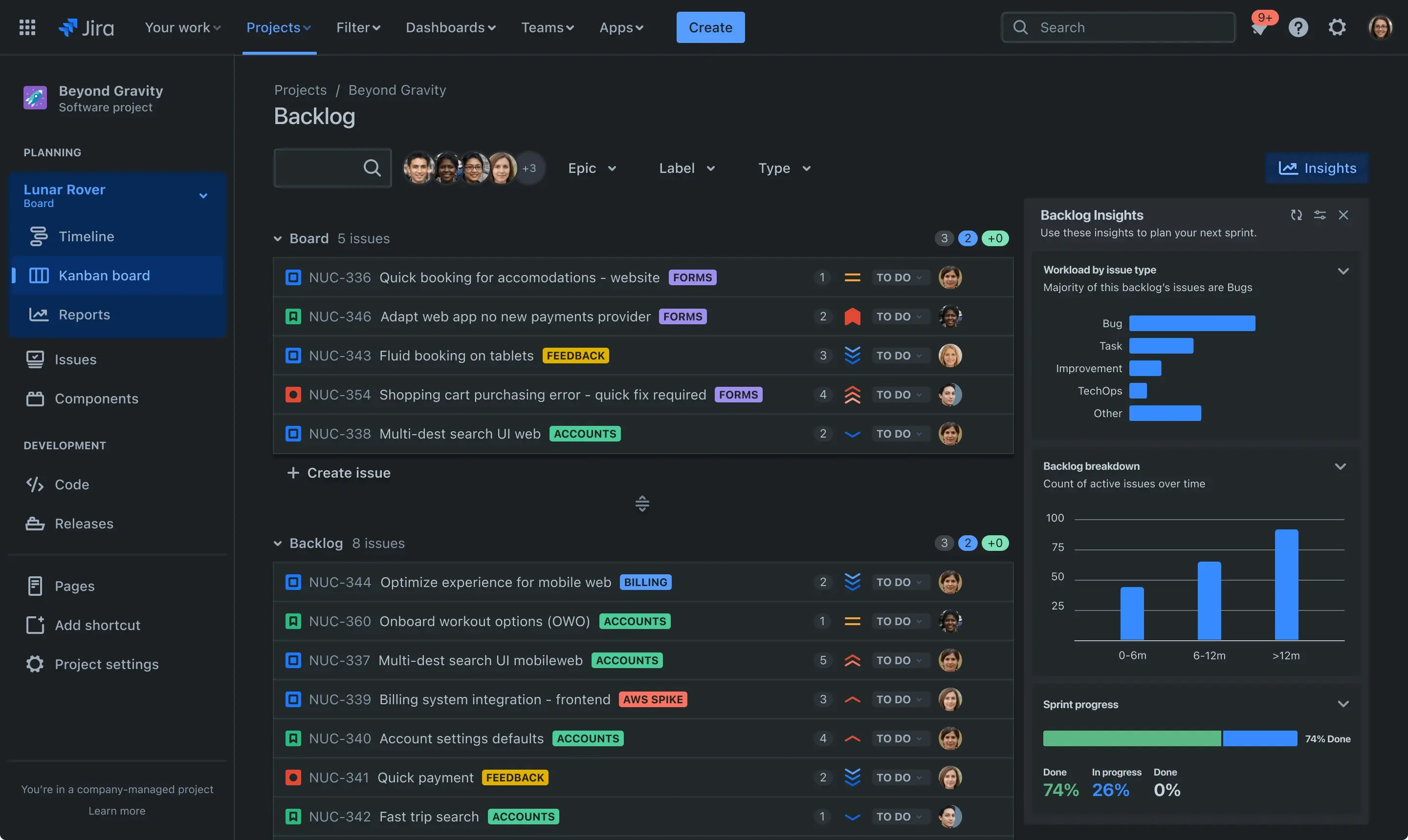 Jira kanban board list view in a app interface