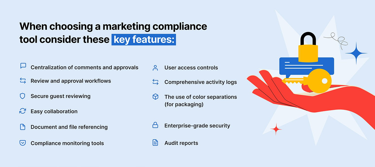 Key feature of marketing compliance tools - centralization of comments, review and approval workflows, secure guest reviewing, easy collaboration, document and file referencing, compliance monitoring tools, user access controls, comprehensive logs etc