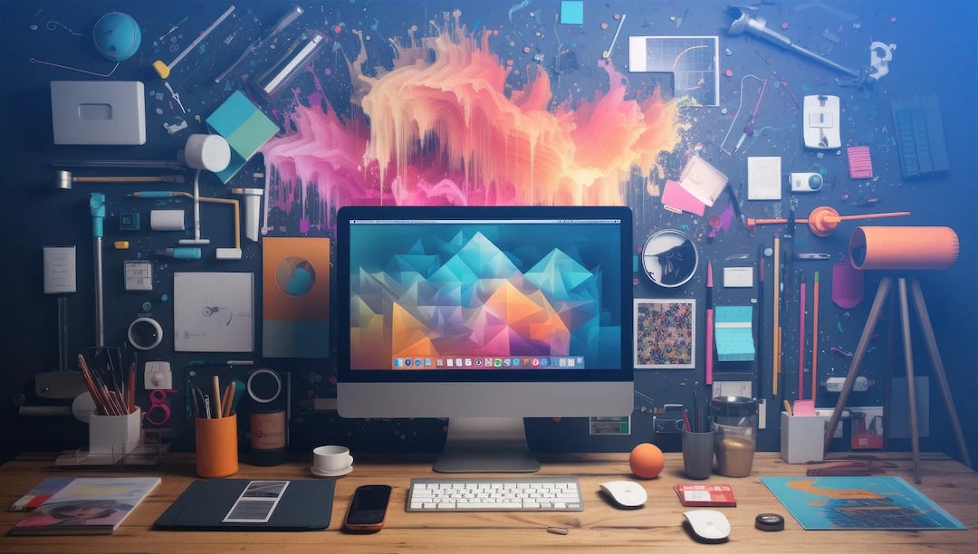 Macbook desktop with keyboard on a creative designers desk with full equipment by the wall