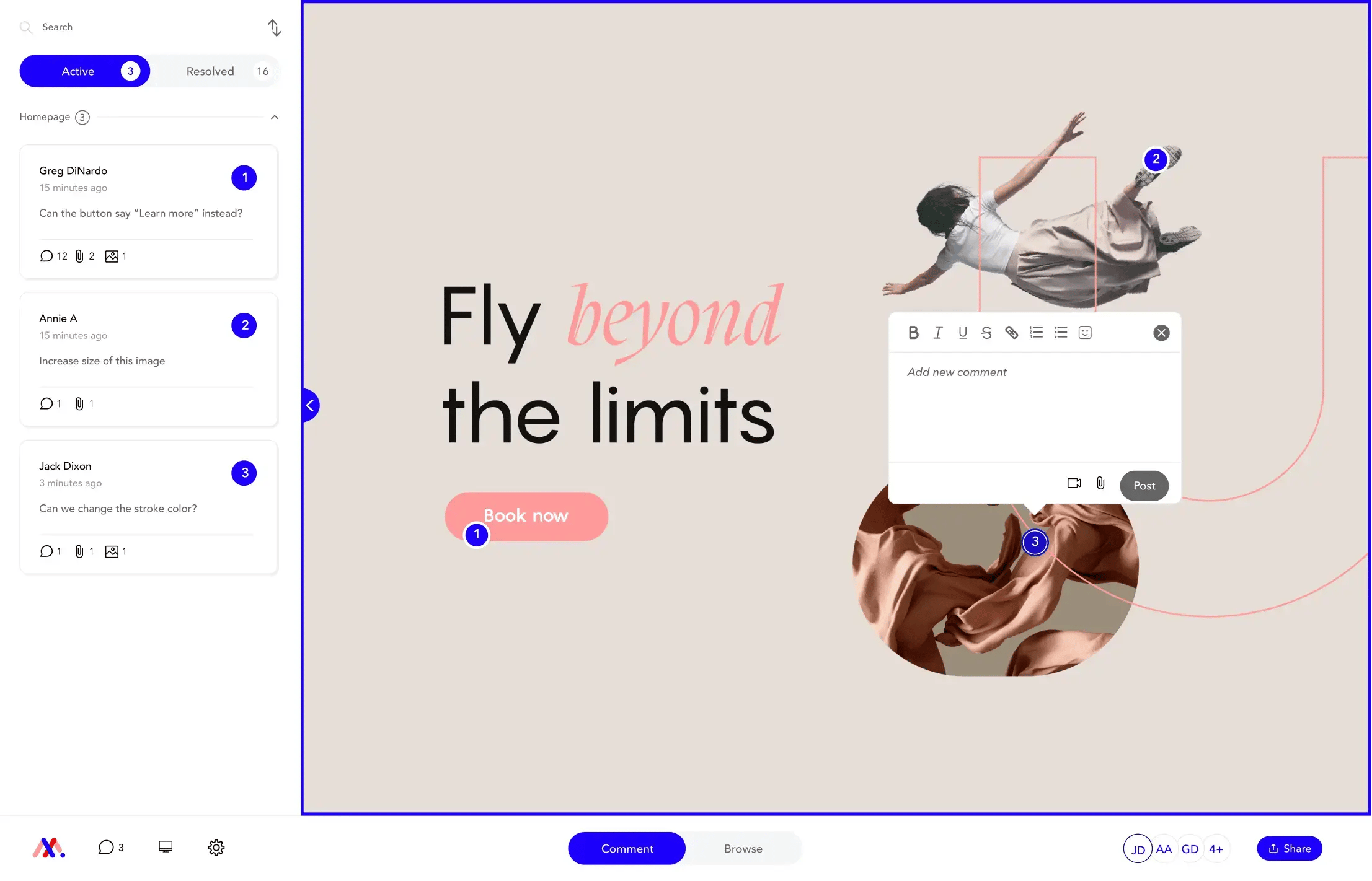 Markup.io main dashboard with content being reviewed