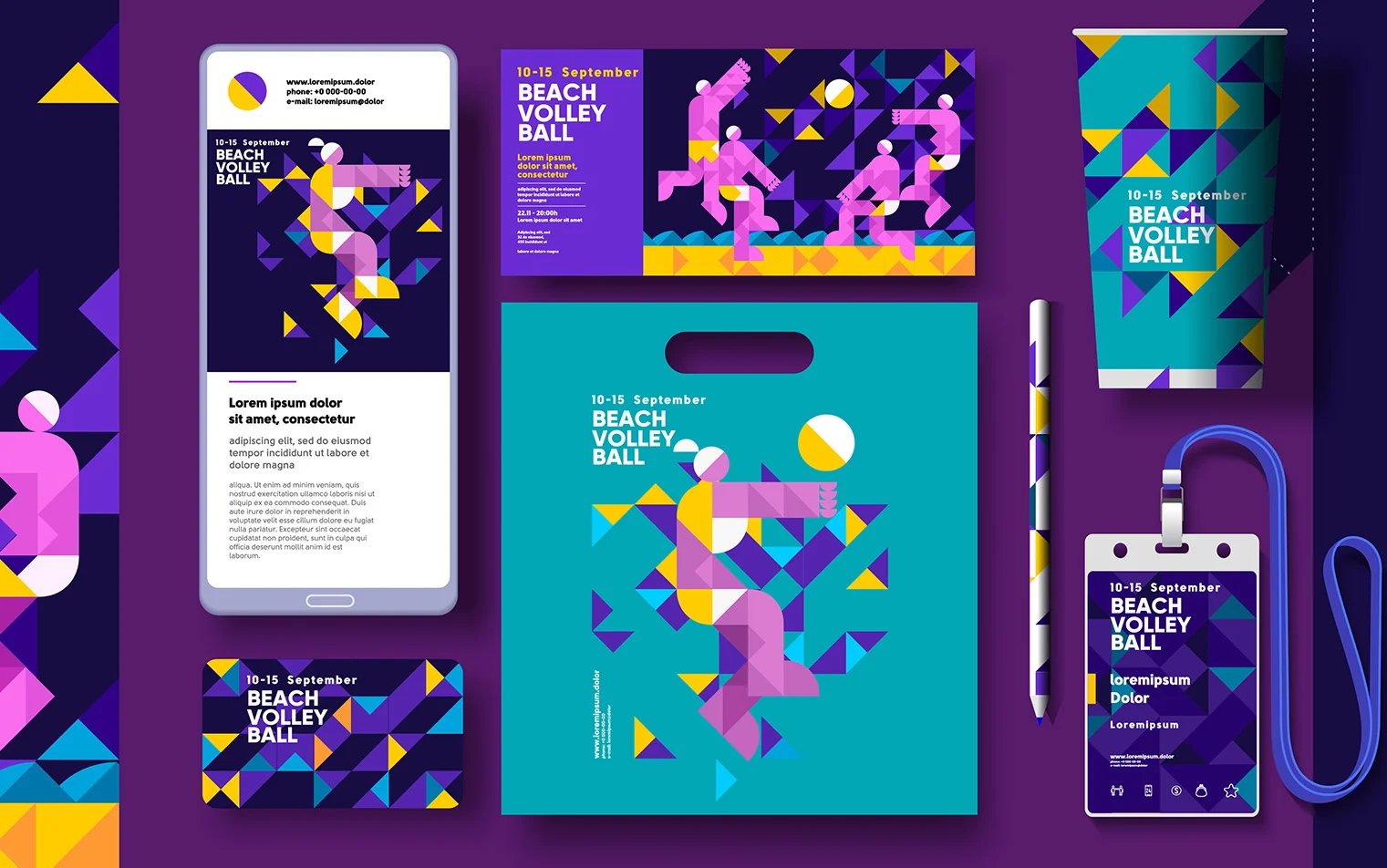 Purple brand guidelines and creative assets with pamfelts, mobile design, badges, and pens