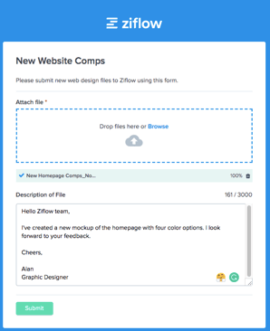 Intake forms with drag and drop funcionality to submit wireframes or updated web pages for review