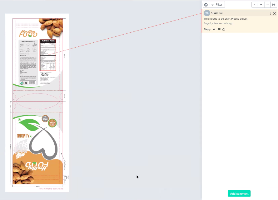 Highlighting and markup tool in Ziflow comments for nuts advertisement