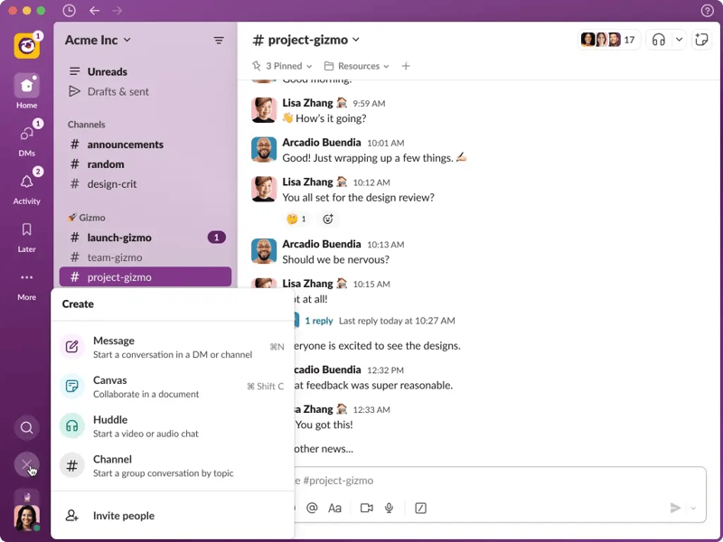 Slack workspace with messages and channels window