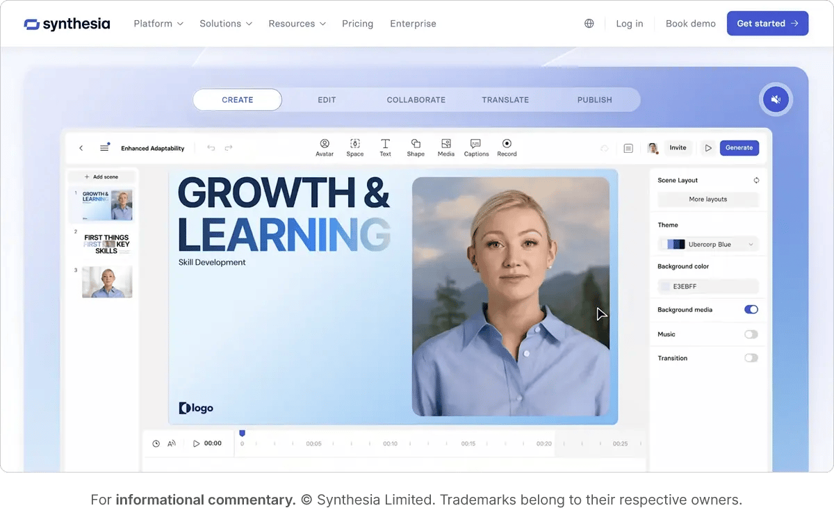 Synthesia video generator with AI avatar reading scripts