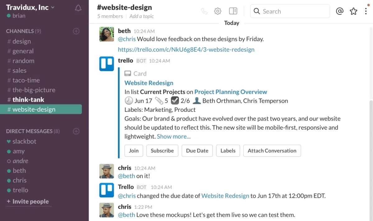 Trello and Slack integration user interface in-app view