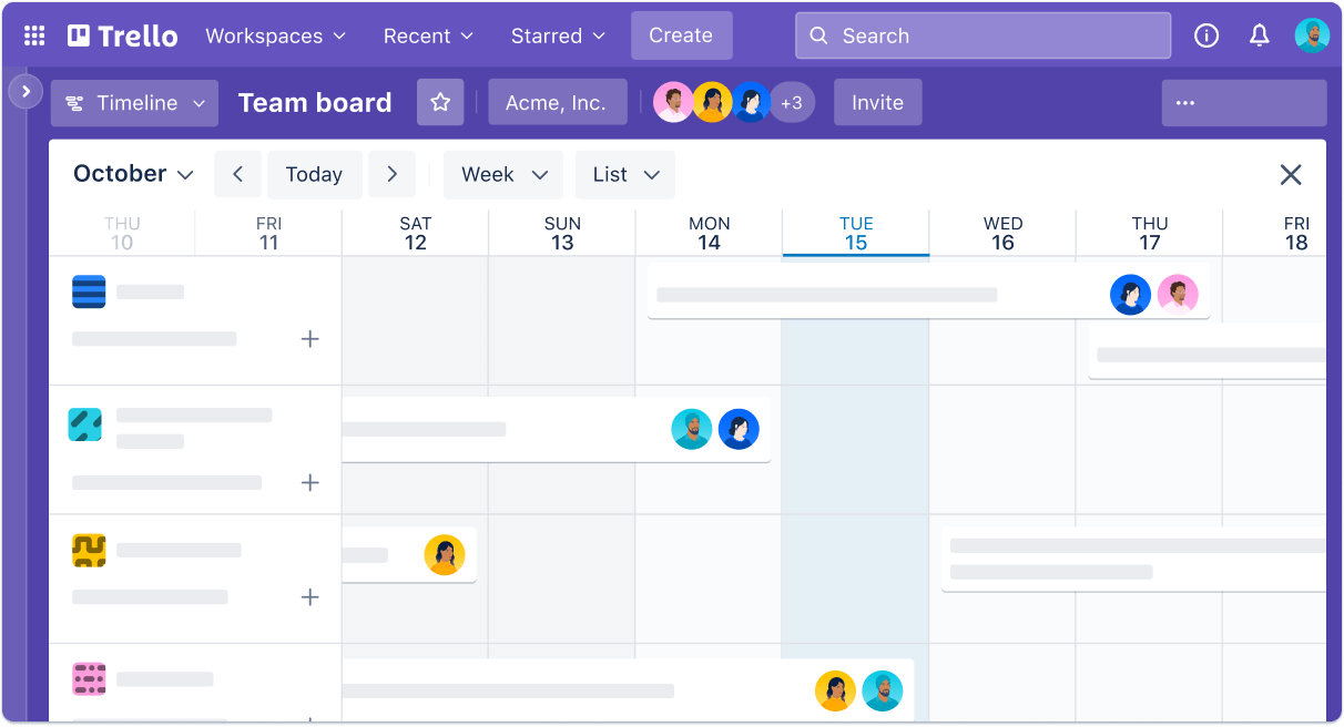 Trello application for task management calendar screen with team board