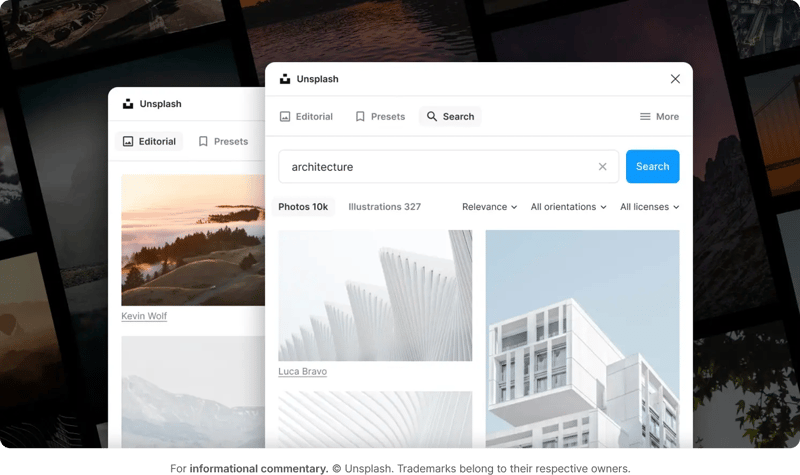 Unsplash application Search of content app user interface