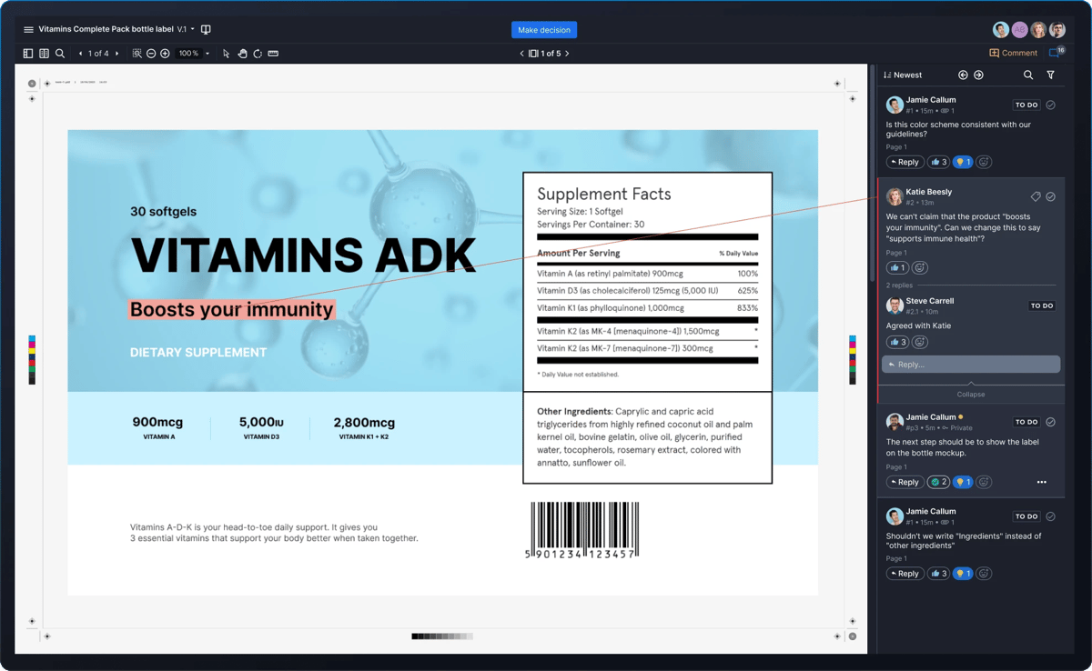 VItamins ADK bottle label being reviewing in Ziflow user interface with collaborative comments section