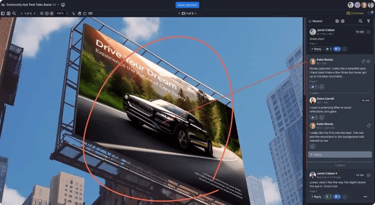 Bohan Advertising team reviewing and annotating a car billboard design in Ziflow