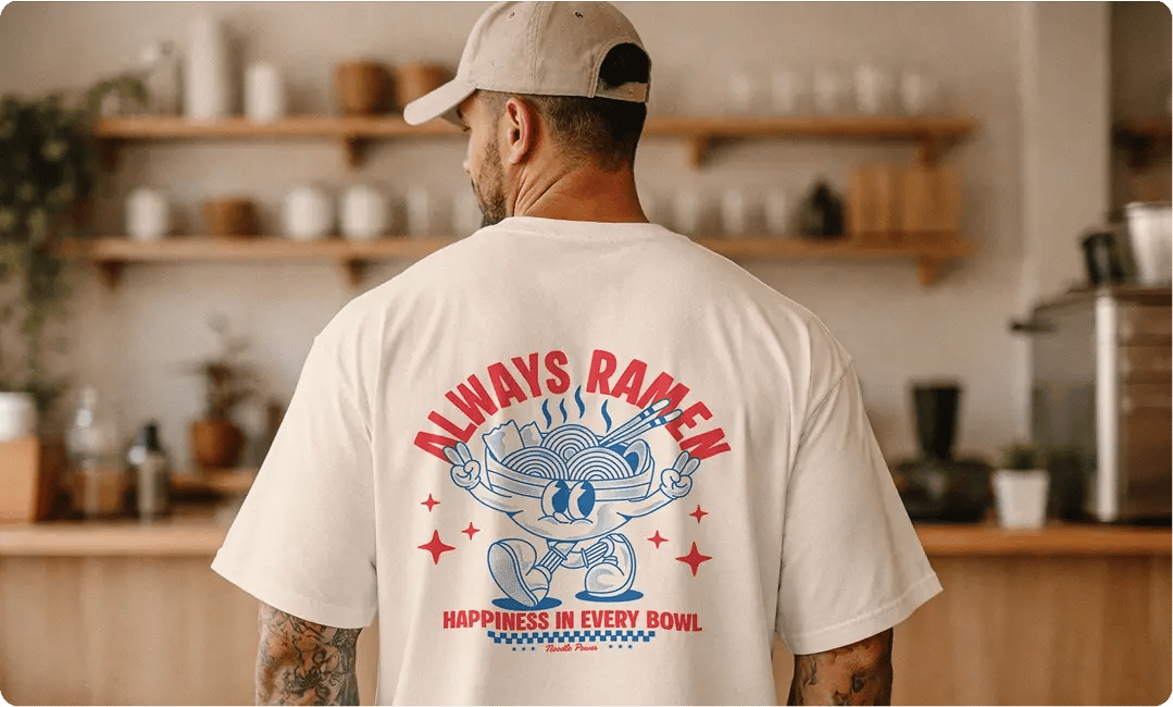 Person wearing a printed T-shirt with localized apparel artwork