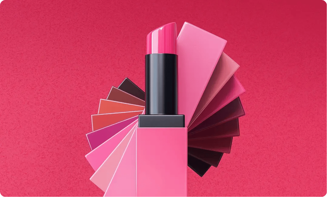 Lipstick surrounded by pink and red color swatches on a red background