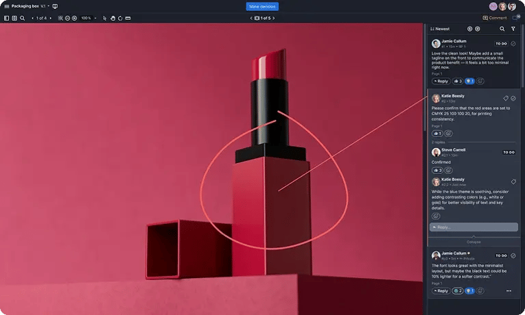 Ziflow proofing interface showing collaborative feedback on lipstick packaging artwork