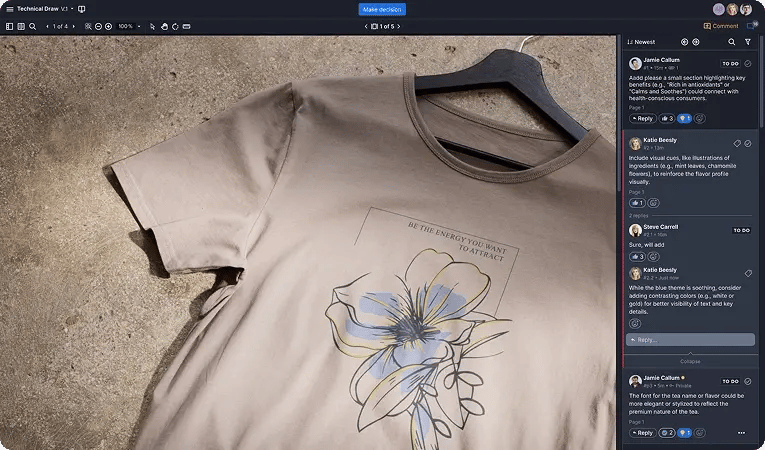 Vista reviewing localized apparel artwork and feedback in Ziflow