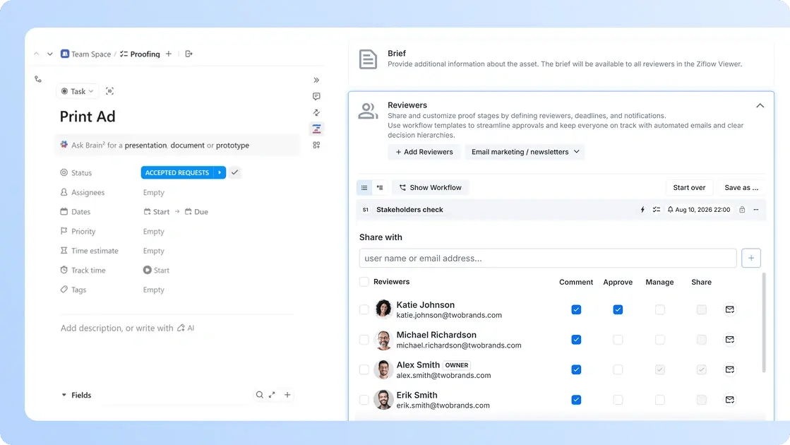 Setting up reviewers and workflow stages for a Ziflow proof in ClickUp