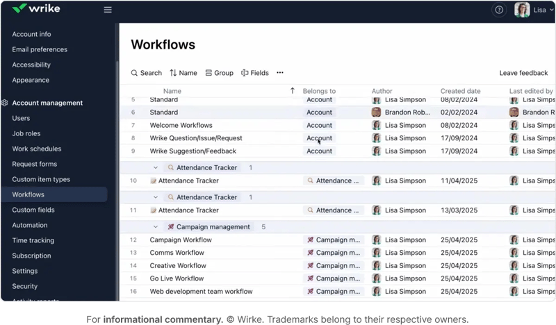 Wrike online feed view with inbox, recent, pinned, spaces and options sidebar-1