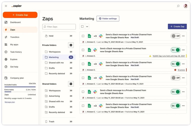 Zapier user interface with list of integrations